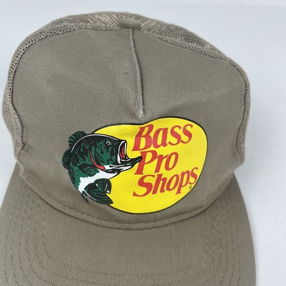 Bass Pro Shops Logo Mesh Fishing Hunting Trucker Cap Beige Snapback Hat - Picture 3 of 12